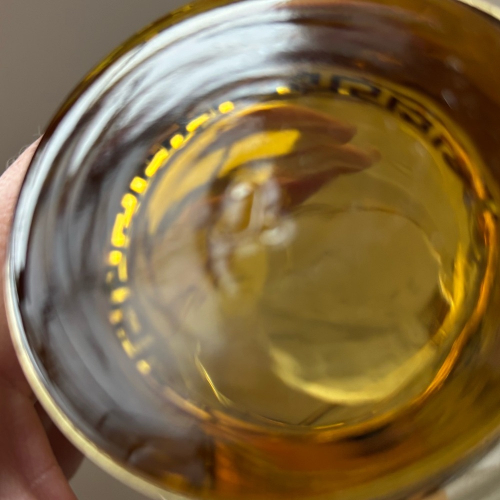 2 Vintage MCM Libbey Amber Glass Continental Cup w Gold Metal Greek Key Handles - Picture 11 of 12